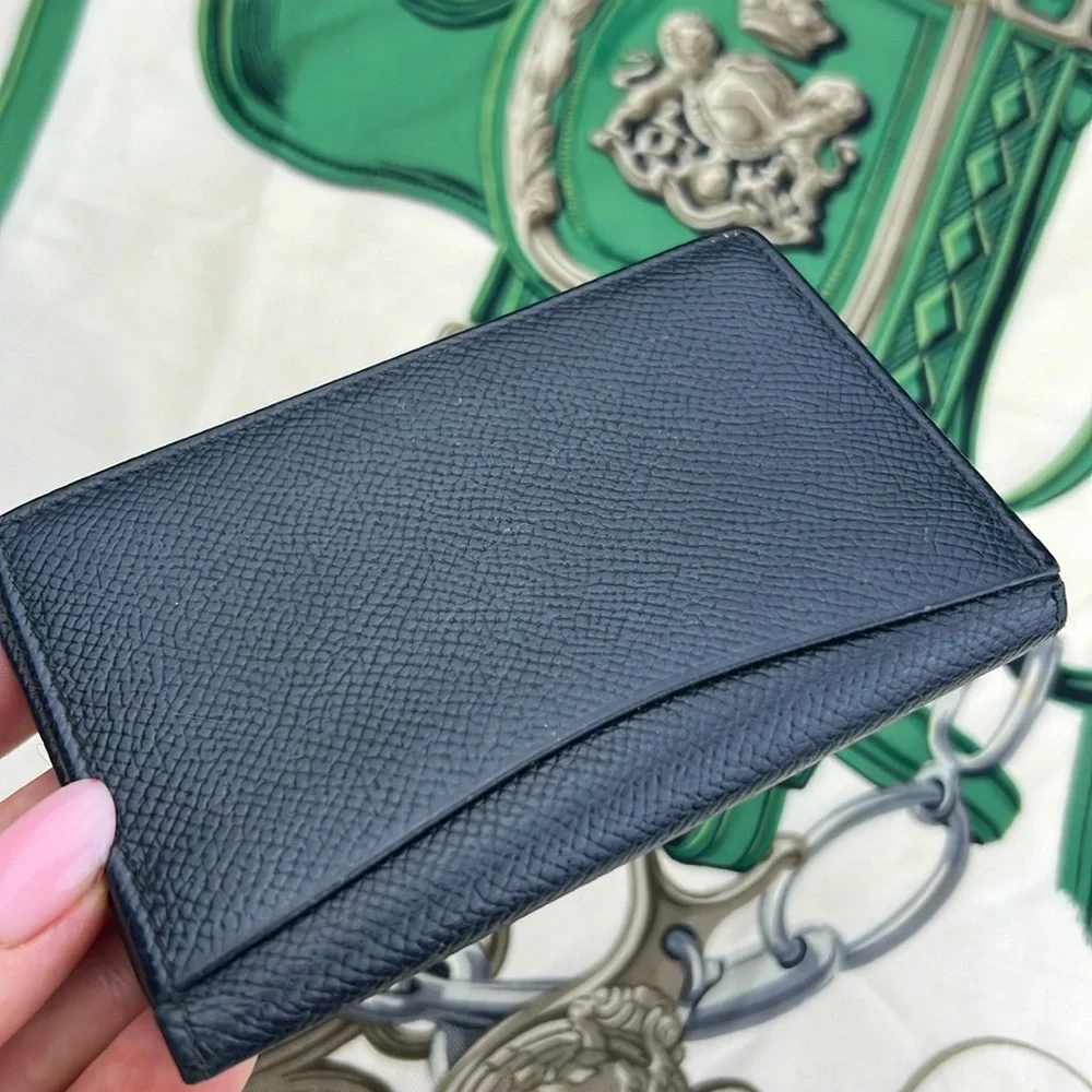 Auth.BVLGARI Black Leather small wallet unisex card holder minimalist w.card